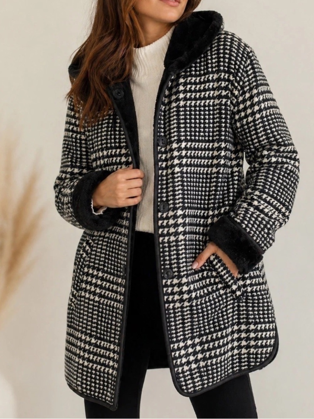 IKE BEHAR M Black & White Houndstooth Hooded Coat